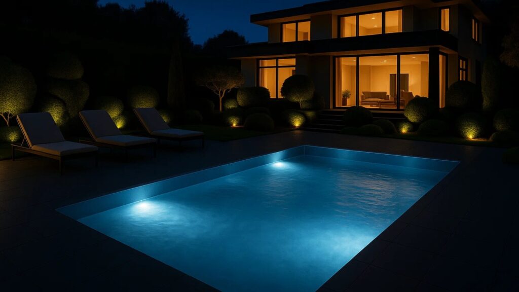 piscina luxury in acciaio inox esterna e illuminata